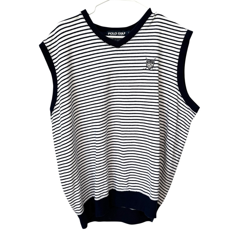 Polo Golf Ralph Lauren Men’s Vest Sz. Large Blue White Stripes Linen Blend